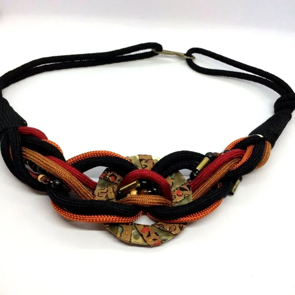 VINTAGE BOHO BELT Woven Cord Beaded Batik Medallion Brass Hook 80s 90s
